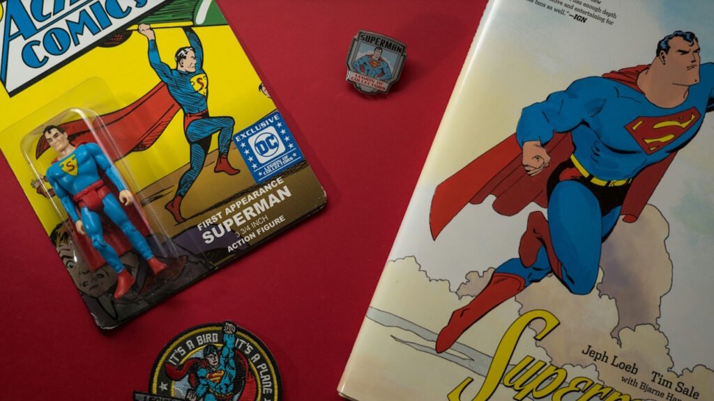 A photo of Superman comics lying on a desk.